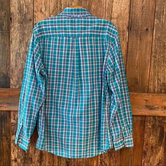 Chaps Men’s M Turquoise Plaid Pocket Long Sleeve Cotton Casual Dress Shirt - Picture 3 of 7
